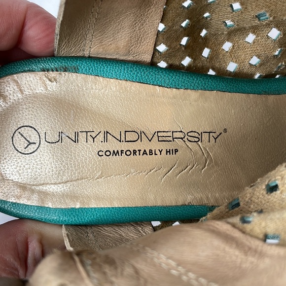 Unity in Diversity Laser Cut Leather Slouchy Sling Back Block Heel Sandal - Picture 8 of 12